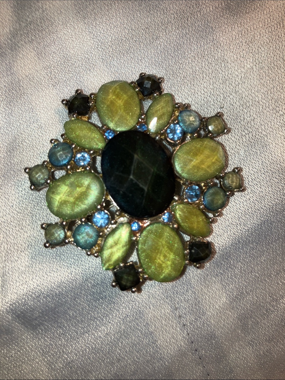 Vintage Green and Blue Floral Crystal Brooch - Elegant Statement Accessory